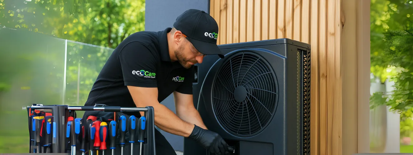 EcoCare technicians installing outdoor AC condenser unit