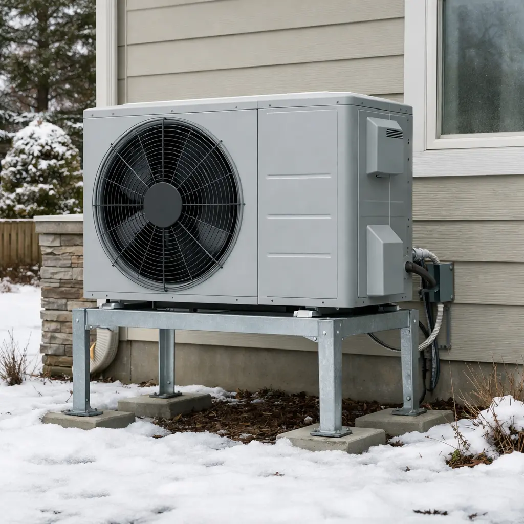Heat pump outdoor unit operating in snow during an Ontario winter